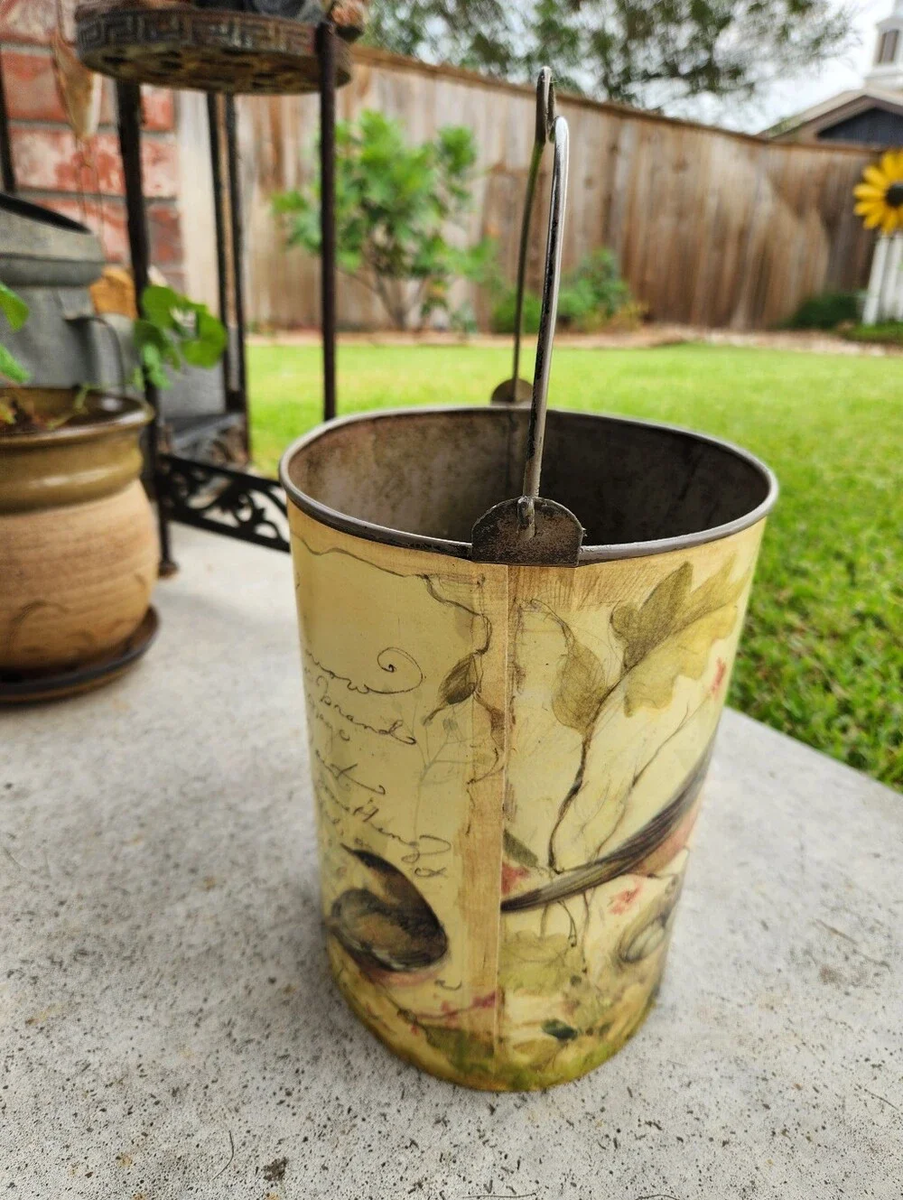 Vintage Woodland Art Print Handled Metal Pail Bucket Birds Nest w/Script Writing